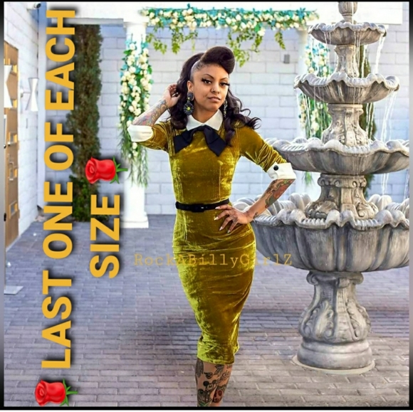 Tatyana Maud Autumn Moss Green Velvet Cuff Sleeve Pinup Pencil Dress w Black Tie - Picture 4 of 16